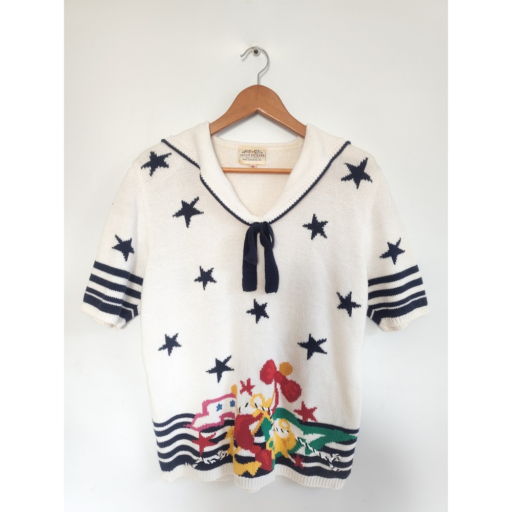 Vintage Susan Bristol Sweater Medium 90s Nautical Star Sailor Collar 1991 Anchor